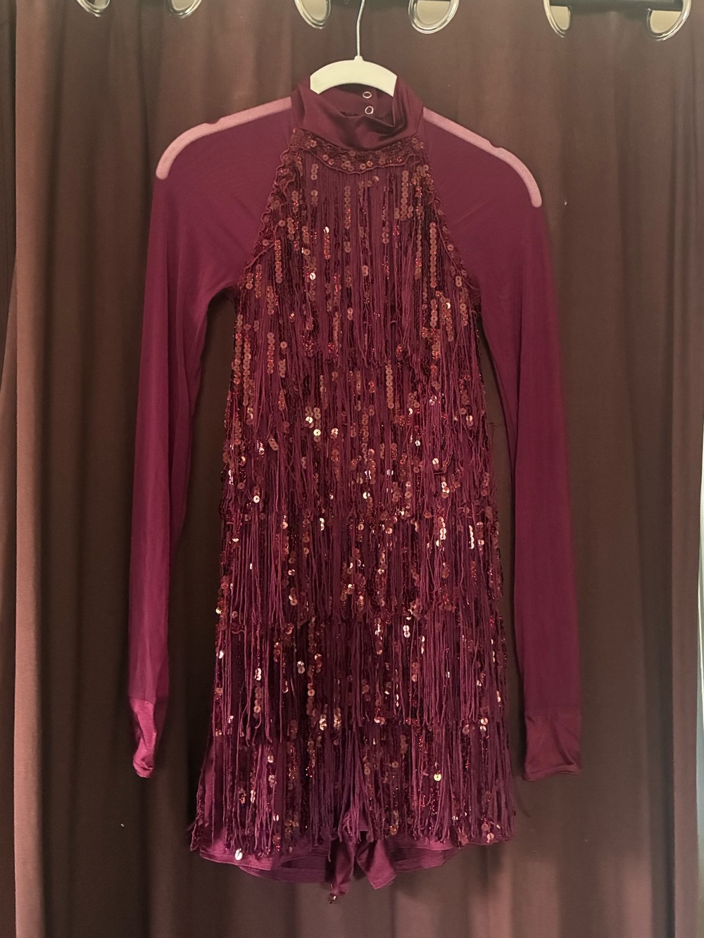 Women's Burgundy Sequin Fringe Long-Sleeve Dance Costume